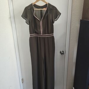 Modcloth Olive Green Jumpsuit with Pink Trim